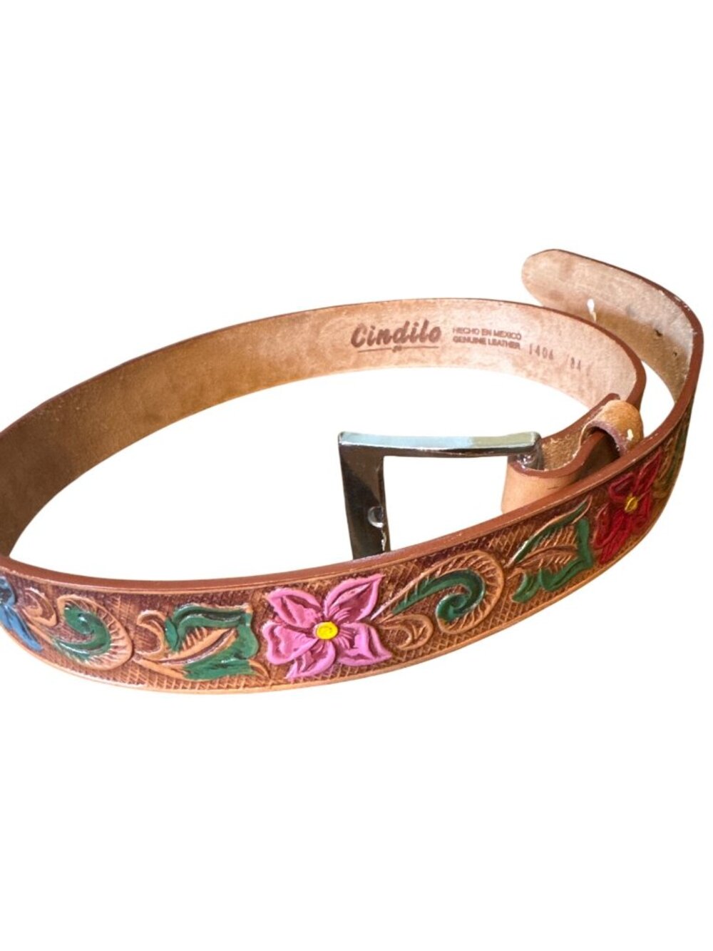Cindilo Tooled Leather Belt Mexico Size 34 Hand Painted Floral Cowgirl